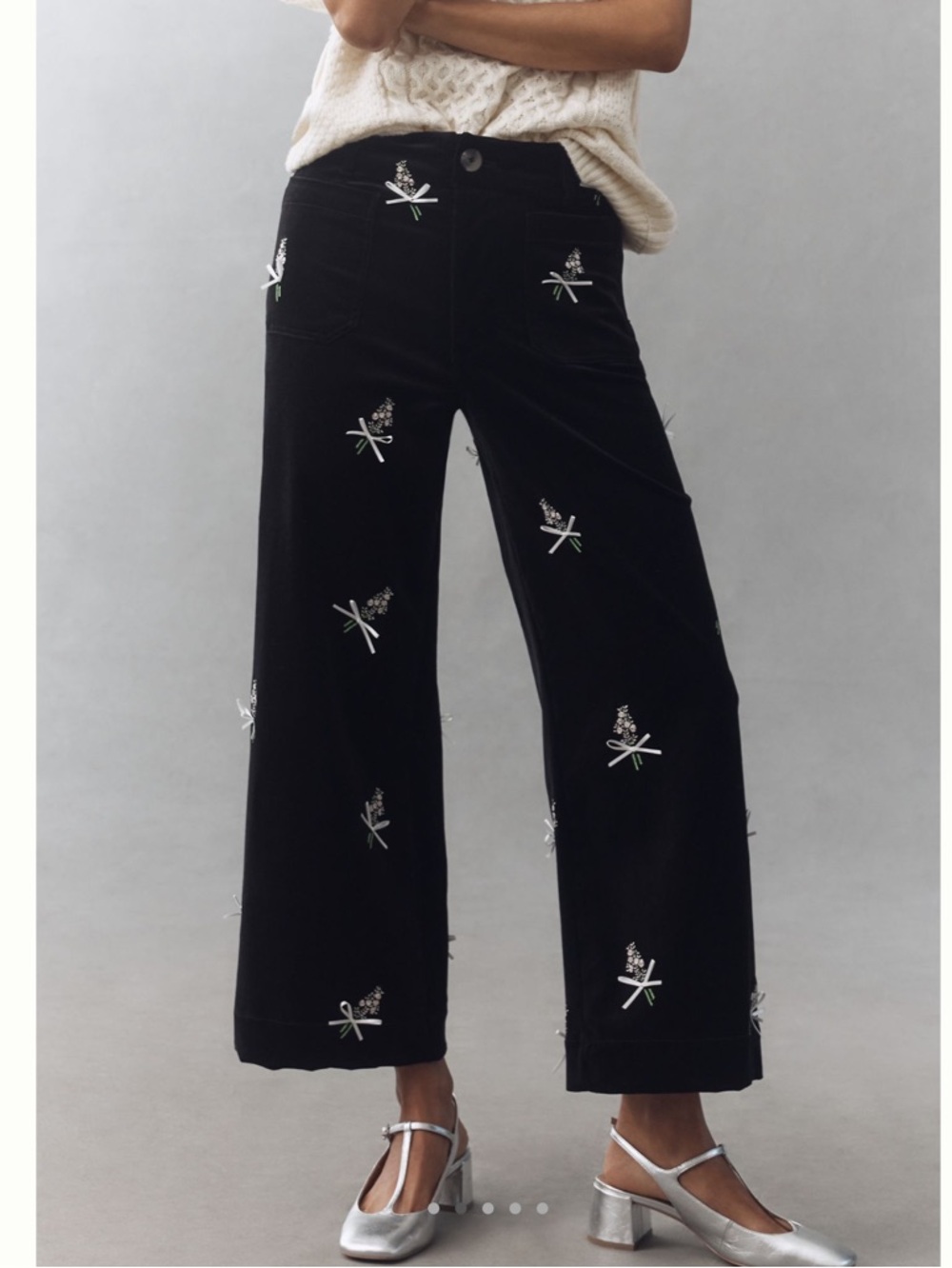 Anthropologie Colette Pants Maeve Cropped Wide Leg Embroidered Black Velvet New